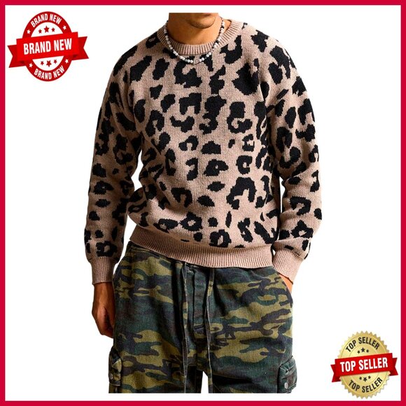 Leopard Crew Neck Pullover Sweater Streetwear Knitwear Long Sleeve Casual Top